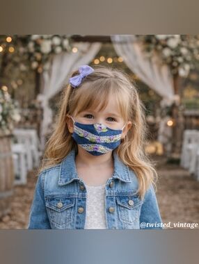 Handmade Little Flower Girl Denim Lace Mini Purple Roses Face Mask 5T